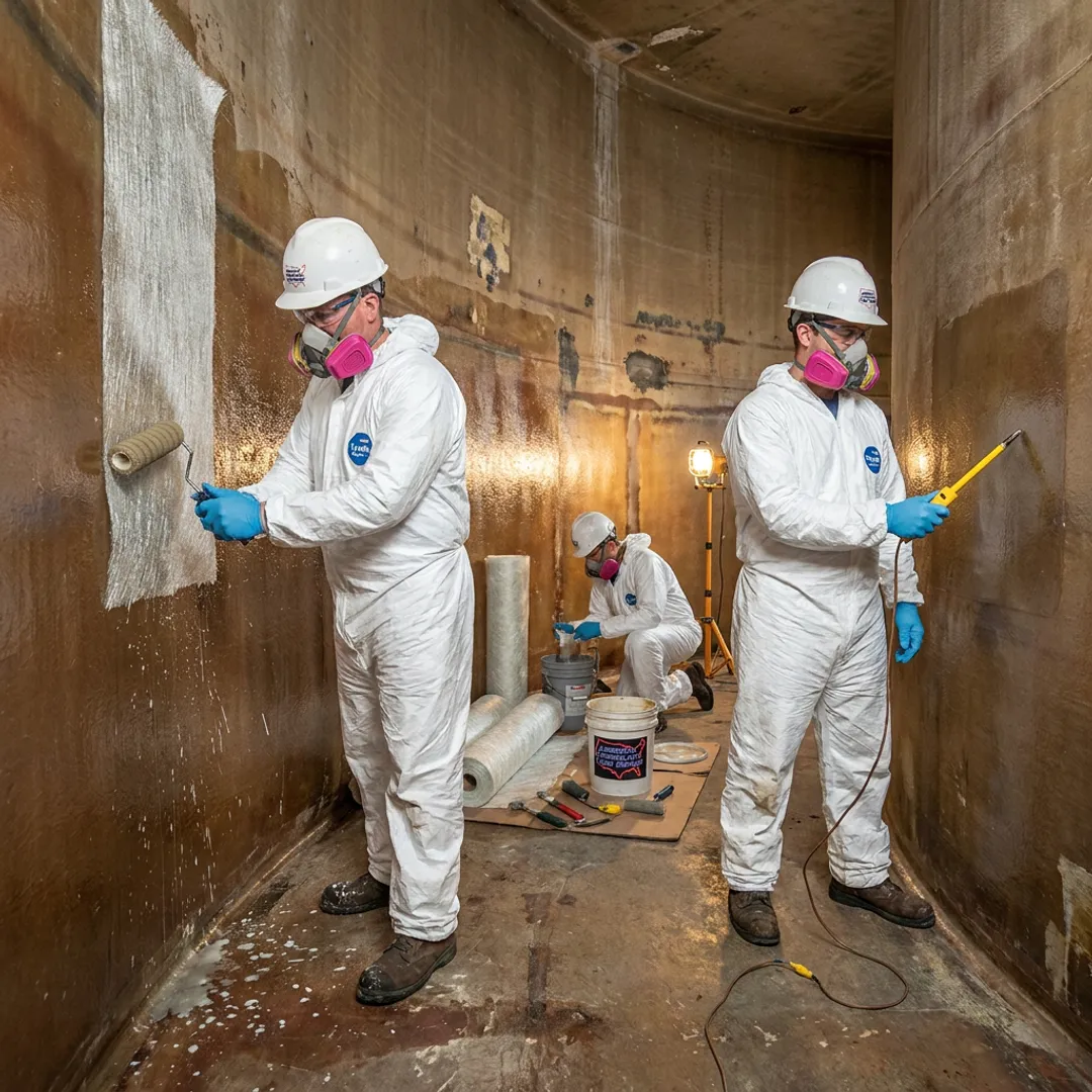 FRP fabrication team inspecting a fiberglass tank