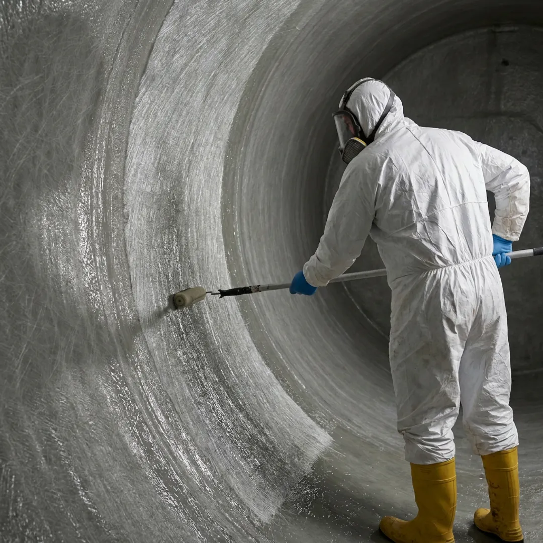 Technician repairing fiberglass fuel tank lining