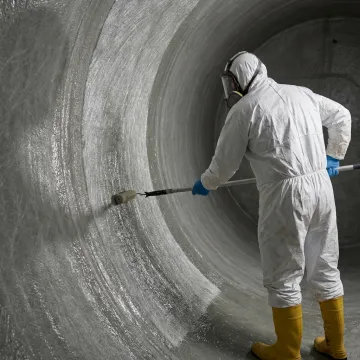 Technician repairing fiberglass fuel tank lining