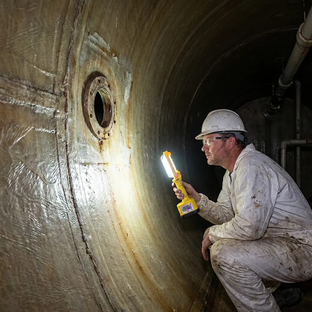 Technician inspecting fiberglass tank interior