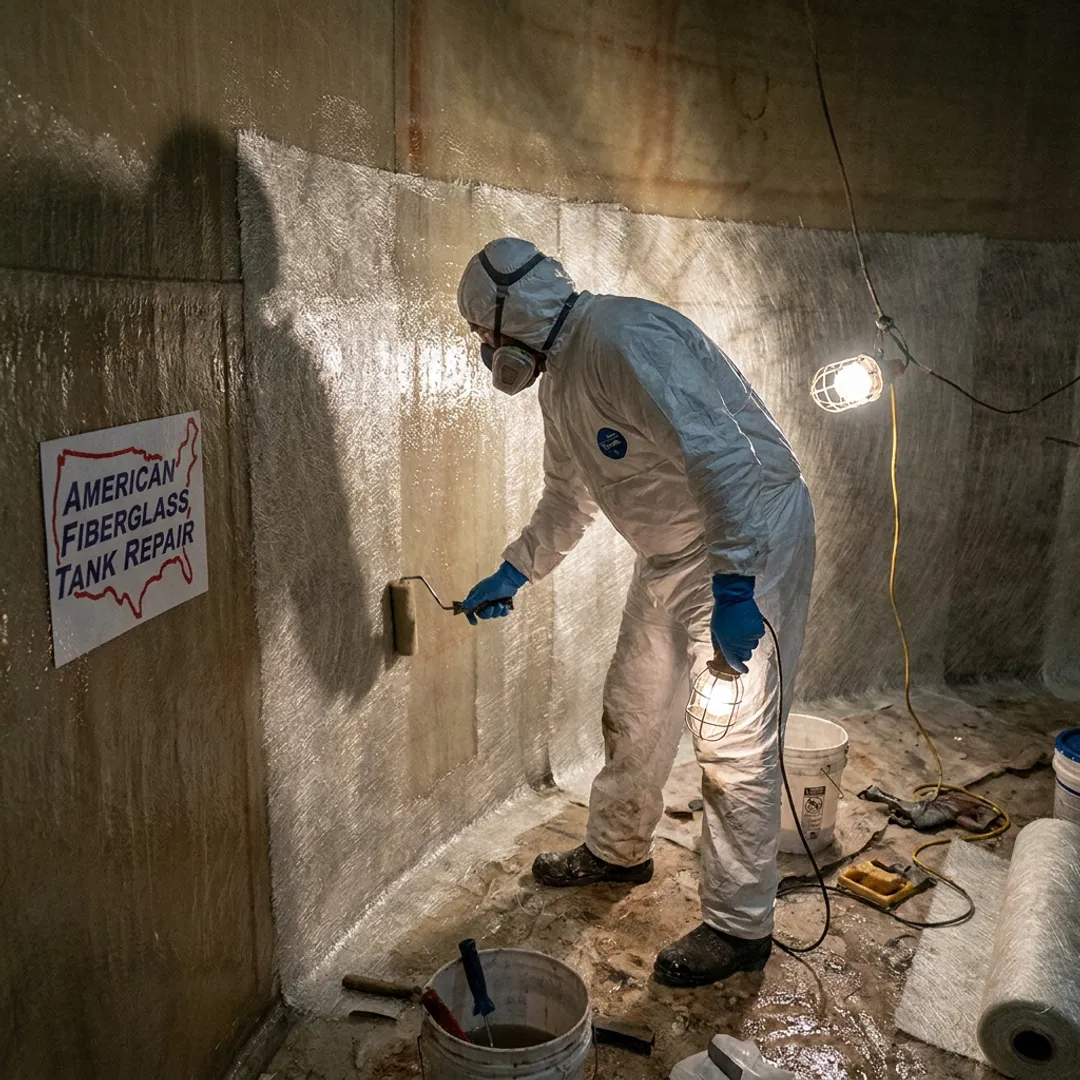 Technician repairing fiberglass tank lining