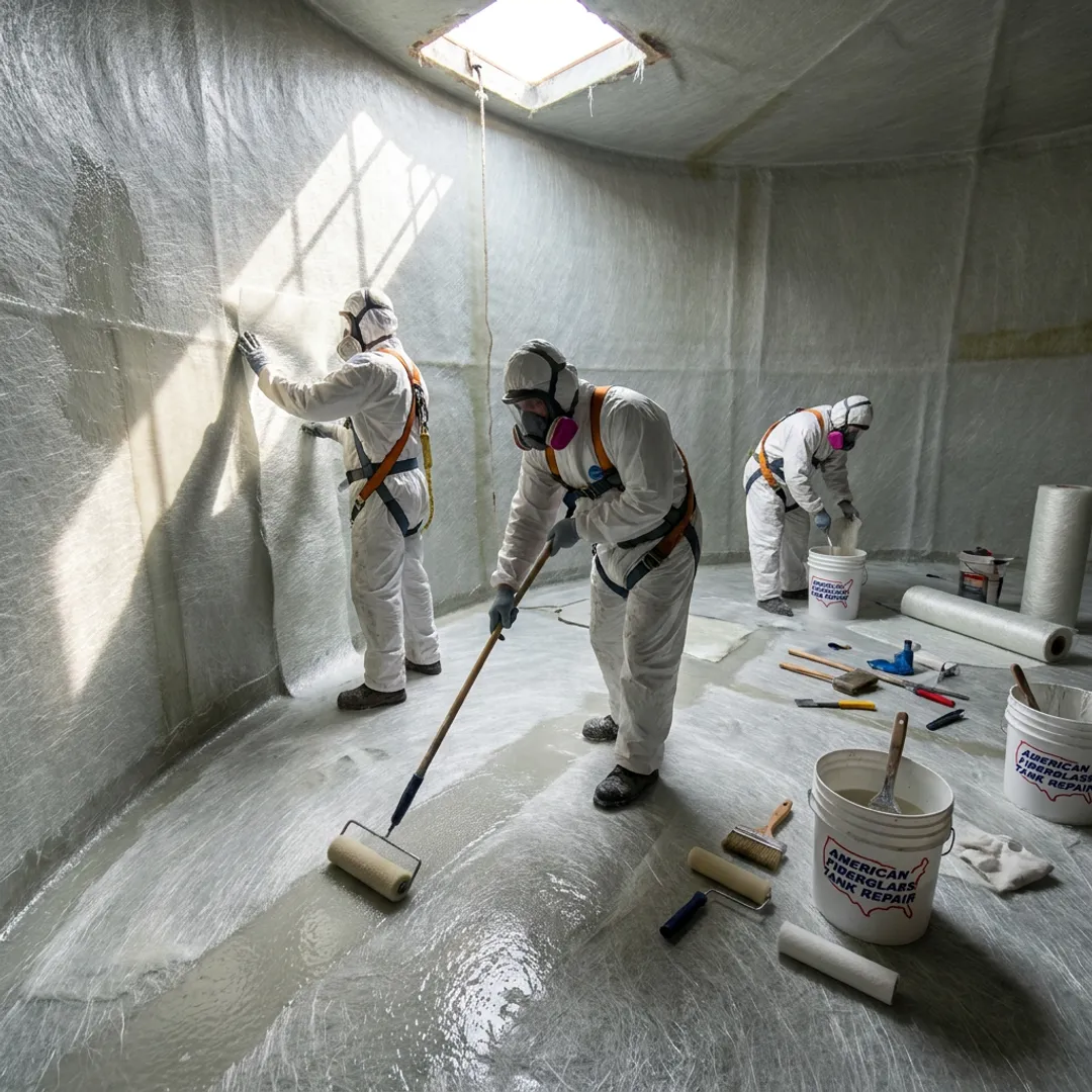 FRP tank repair crew applying fiberglass laminate