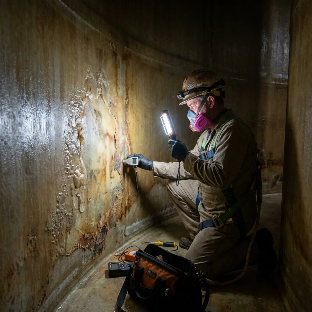 Technician inspecting a fiberglass wastewater tank interior