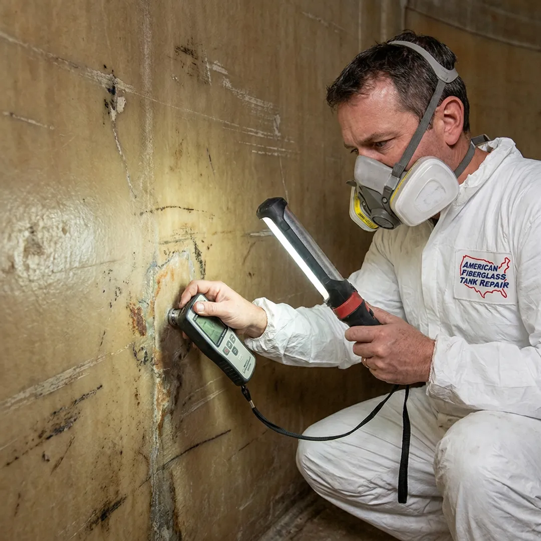 Technician testing fiberglass tank condition