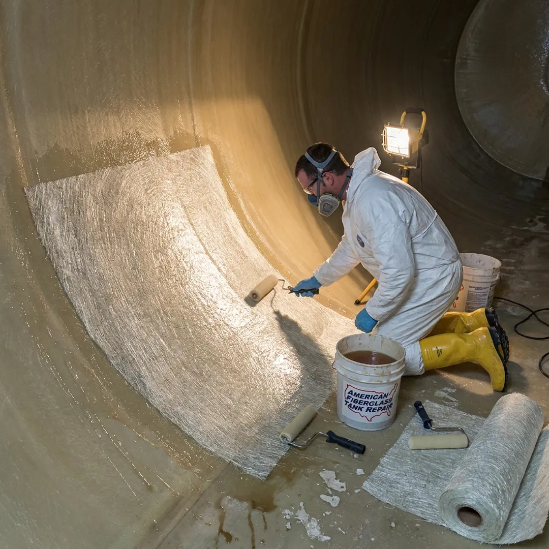 Technician applying fiberglass tank lining