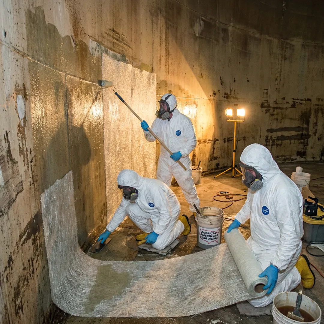 FRP repair crew working inside a fiberglass storage tank