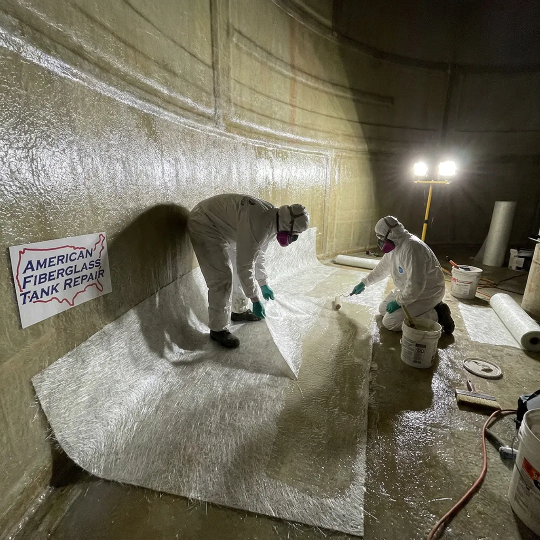 FRP tank repair crew applying fiberglass lining