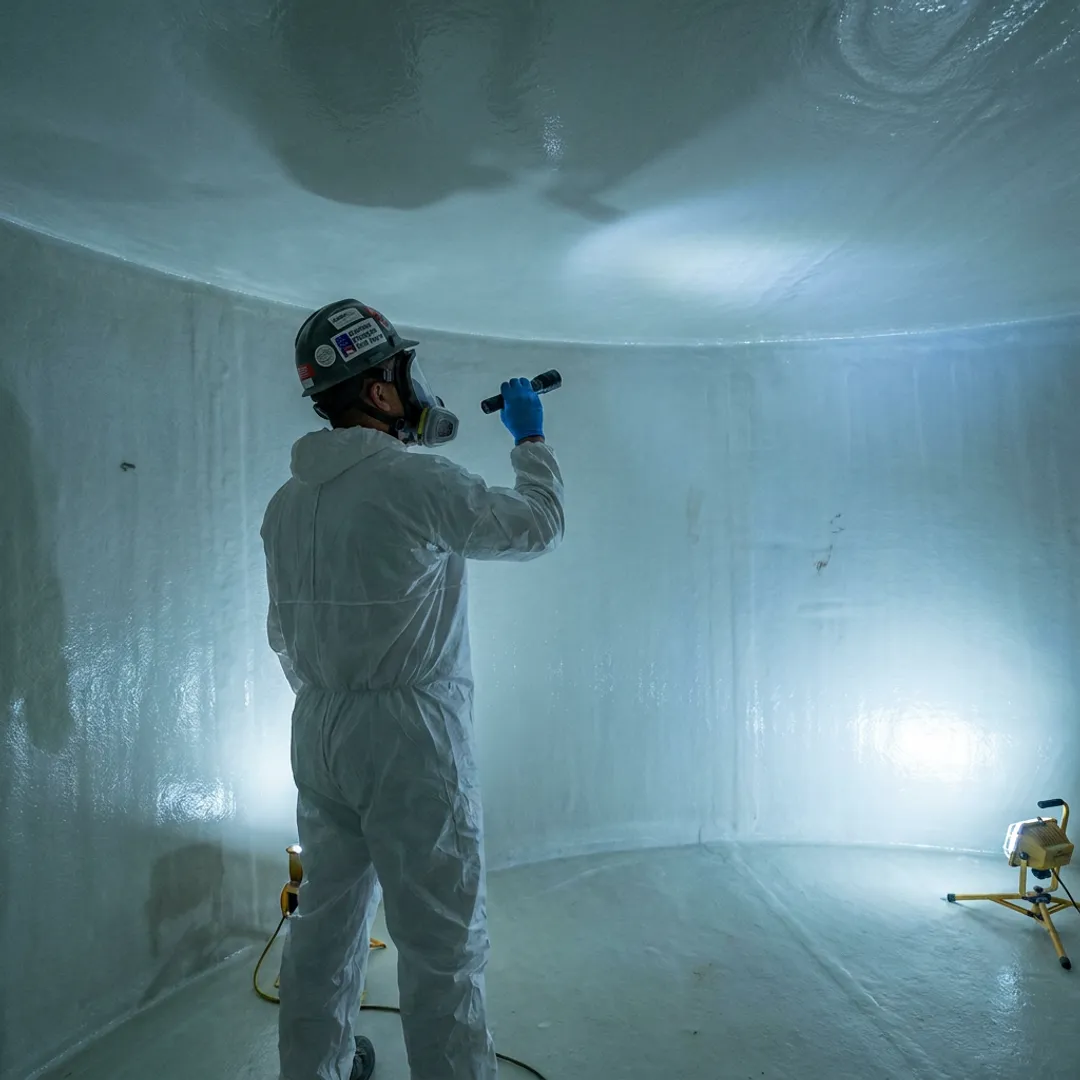Technician inspecting FRP tank lining
