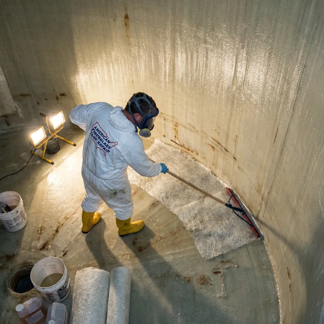Technician relining an industrial FRP water tank