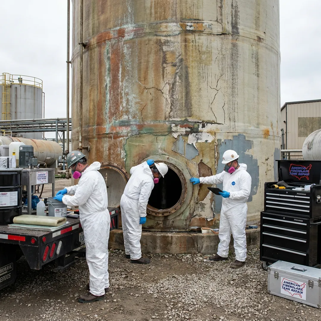Field crew preparing industrial fiberglass tank