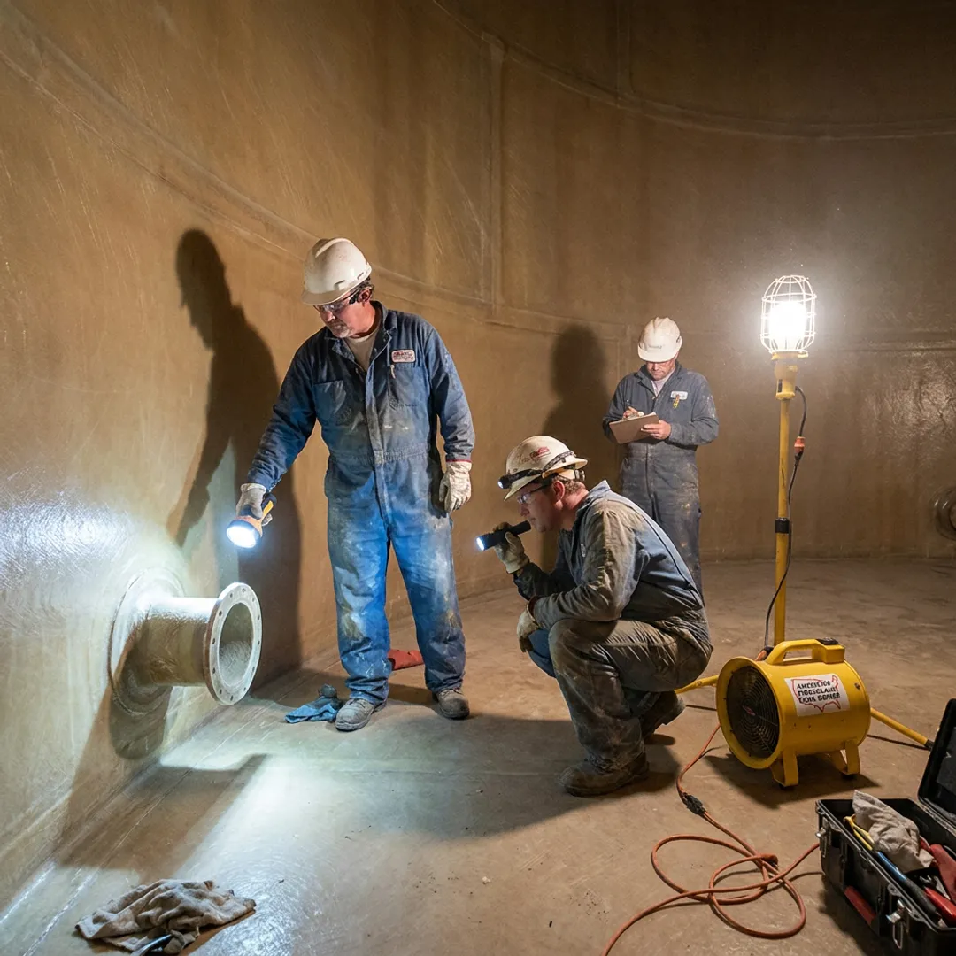FRP tank repair crew inspecting a lined tank