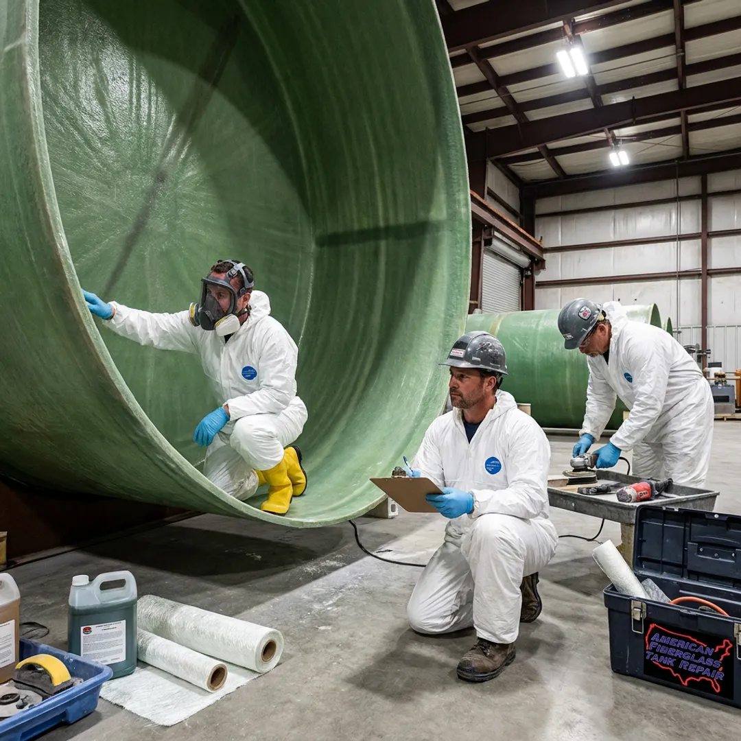 FRP repair crew inspecting a fiberglass tank