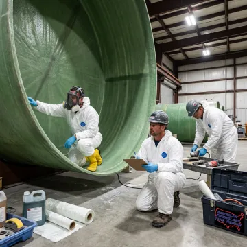 FRP repair crew inspecting a fiberglass tank
