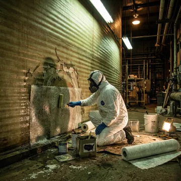 Technician repairing fiberglass damage on an FRP tank