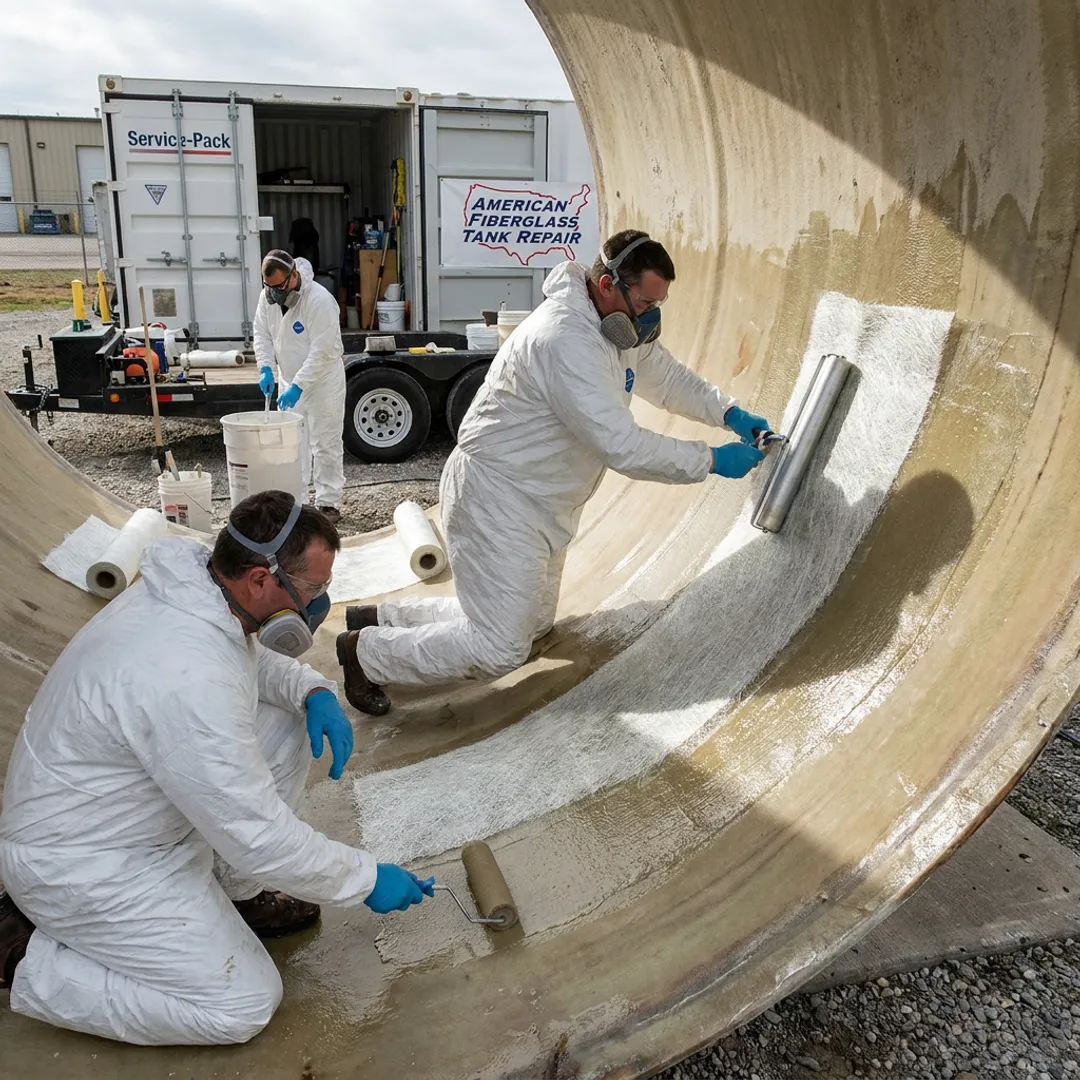 FRP tank repair crew preparing laminate materials