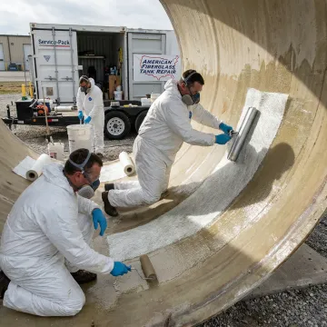 FRP tank repair crew preparing laminate materials