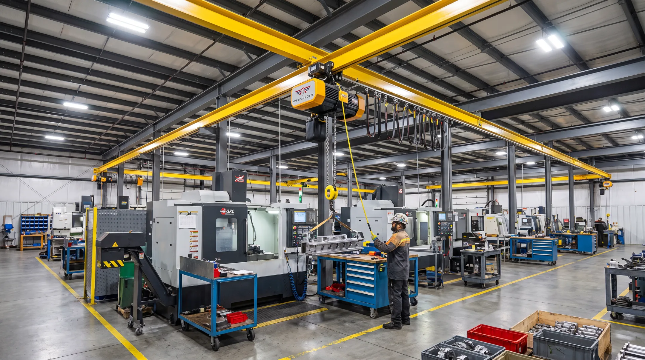 Ceiling-mounted monorail hoist system installed on manufacturing production floor