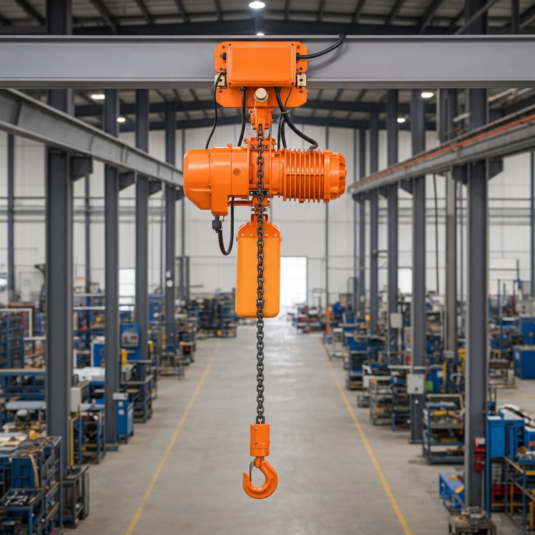 Electric chain hoist mounted on overhead beam in industrial facility