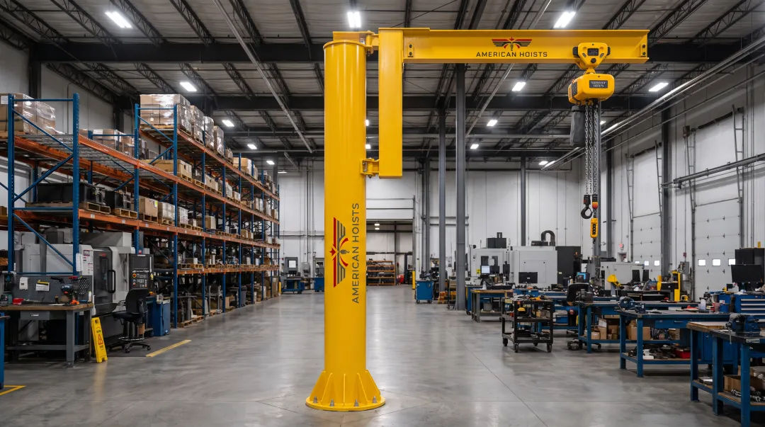 American Hoists wall-mounted jib crane fitted with electric chain hoist