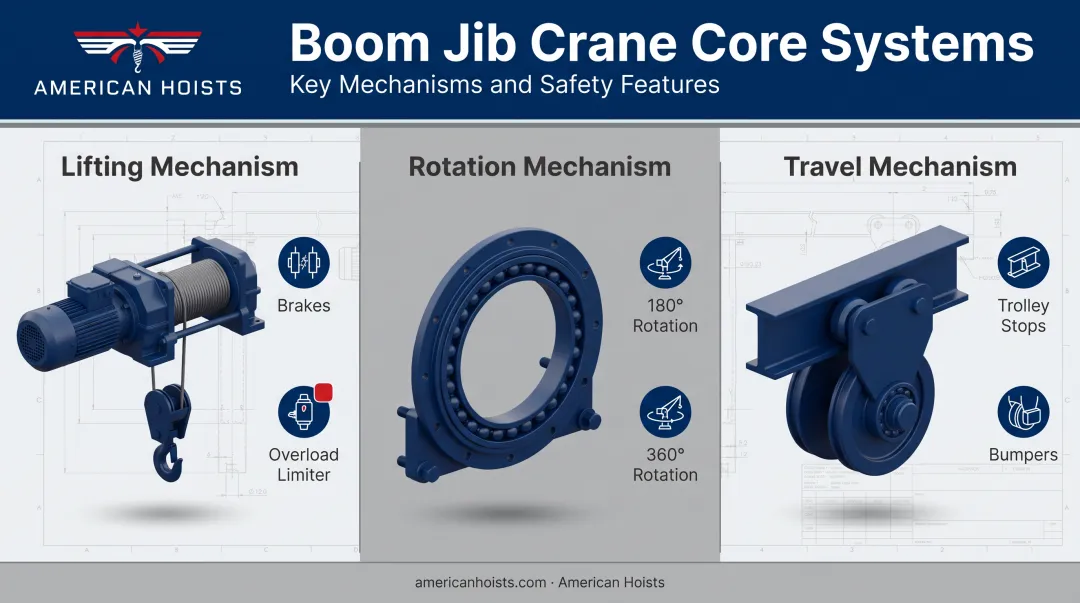 Boom jib crane lifting rotation and travel mechanism systems breakdown