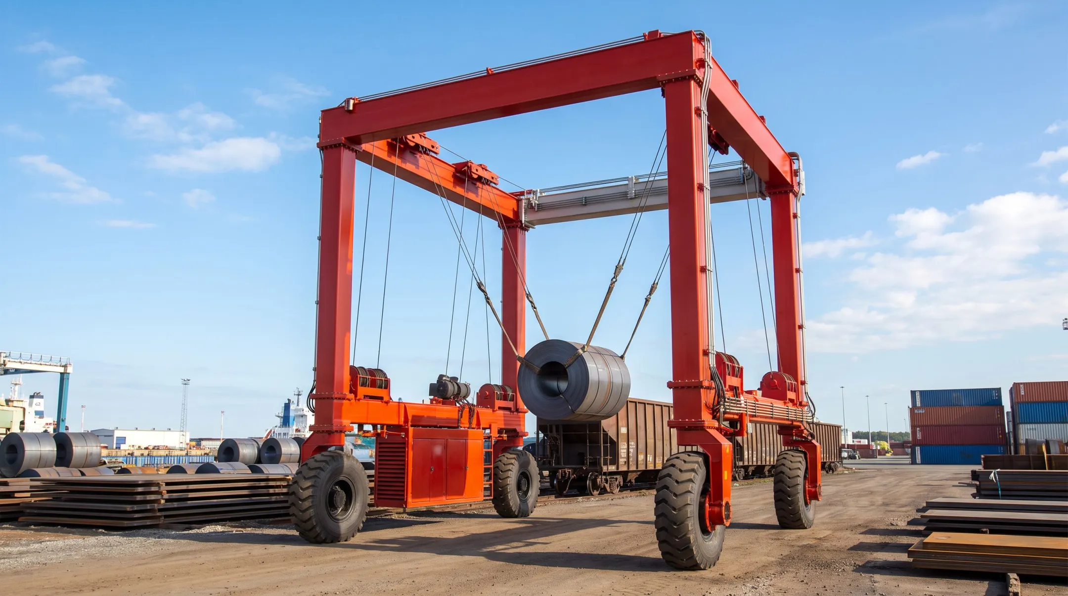 Free-standing gantry crane lifting shipping container at outdoor port facility