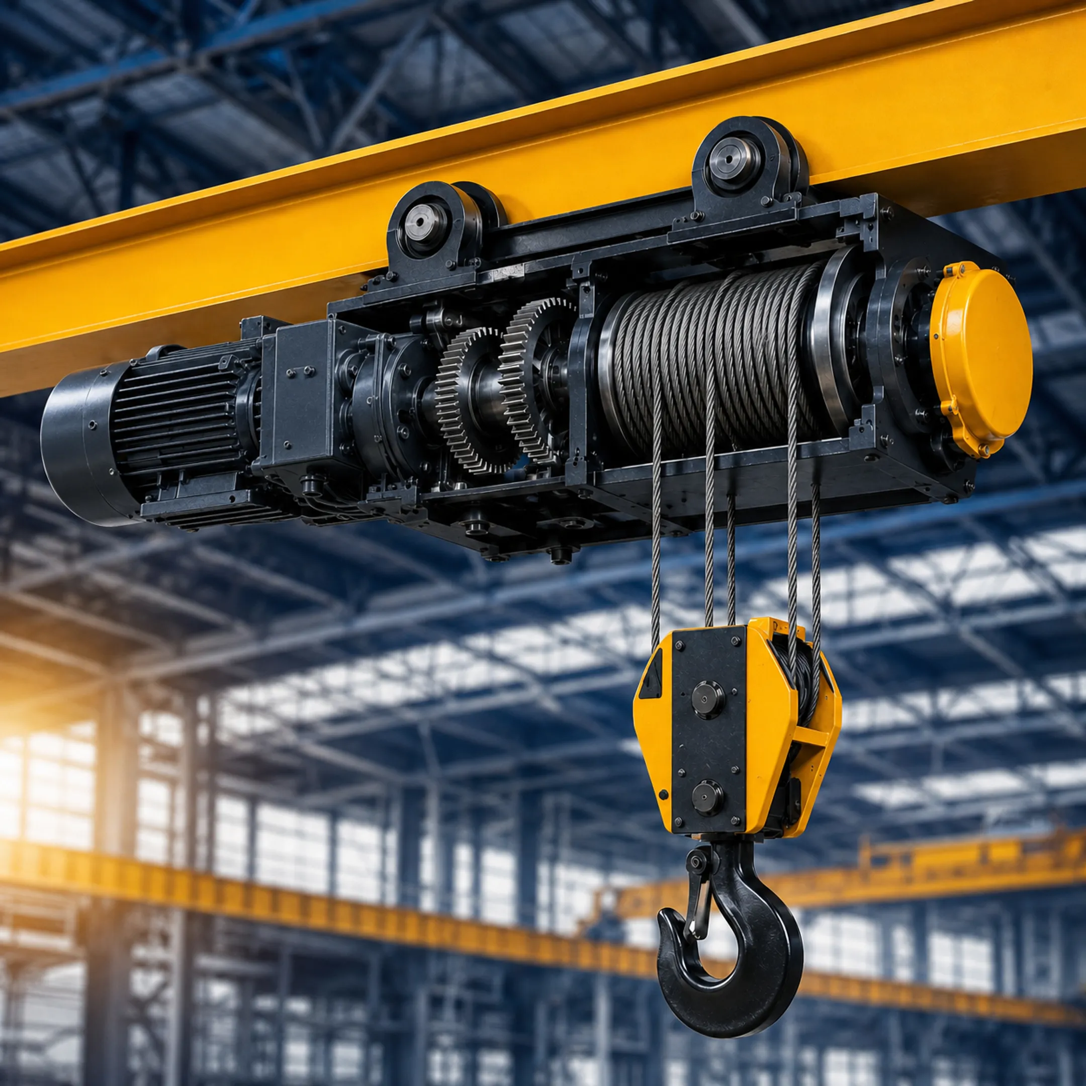 Electric wire rope hoist mounted on industrial overhead crane system