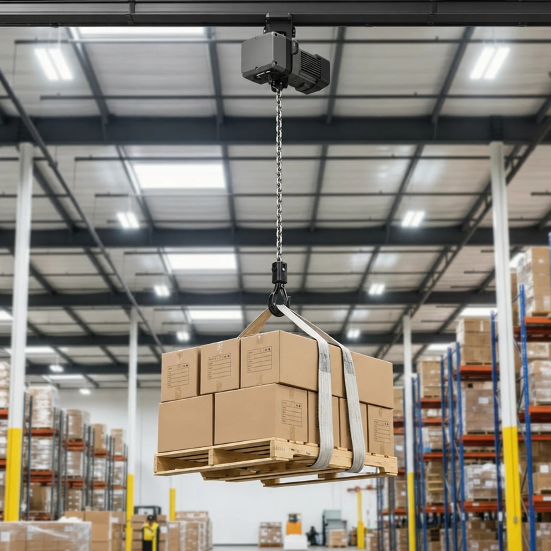 Overhead chain hoist lifting suspended load in industrial warehouse