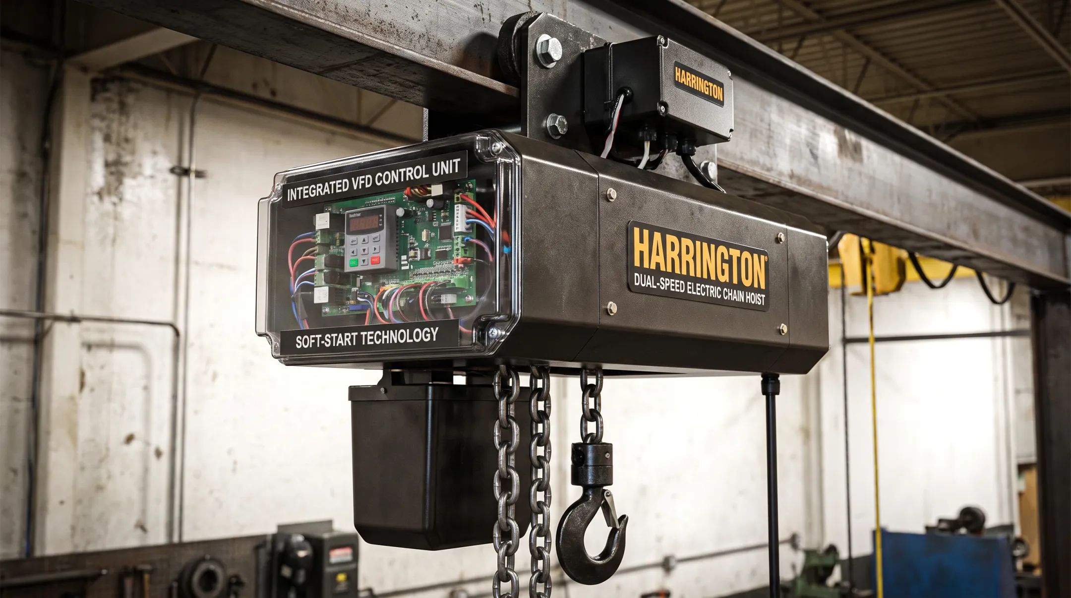 Harrington dual-speed hoist with integrated under-the-cover VFD control unit