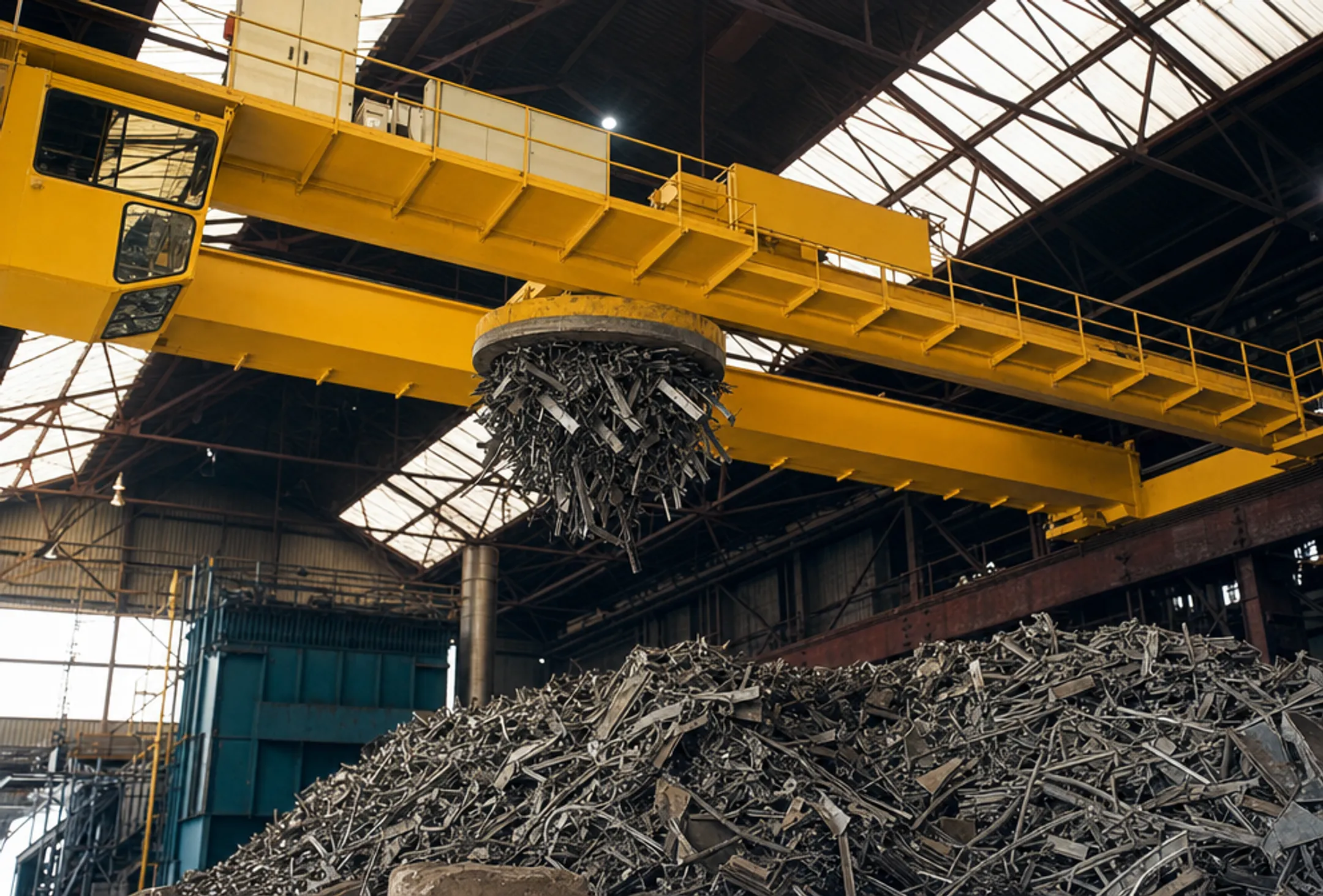 Electromagnetic crane lifting steel scrap in industrial recycling yard