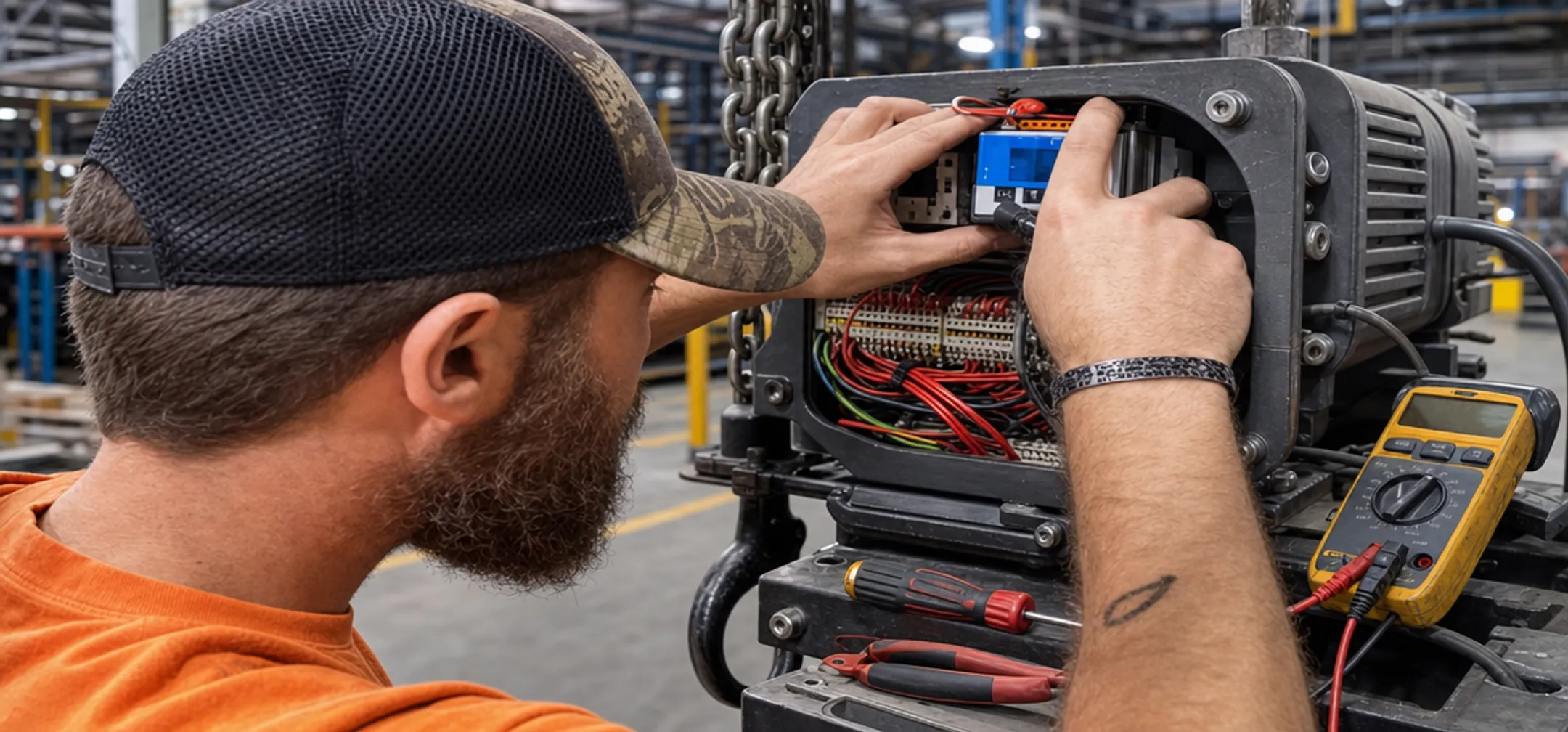 Technician troubleshooting electrical wiring on industrial chain hoist motor