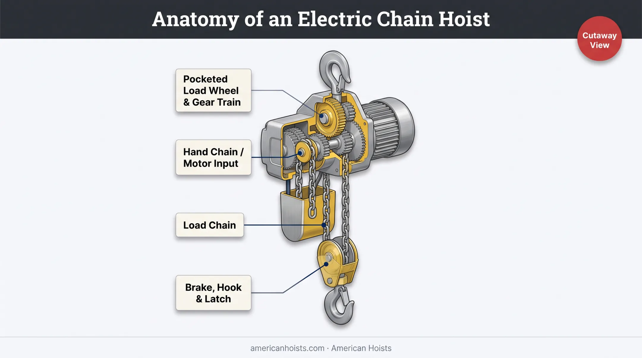 Core components of a chain hoist system labeled diagram