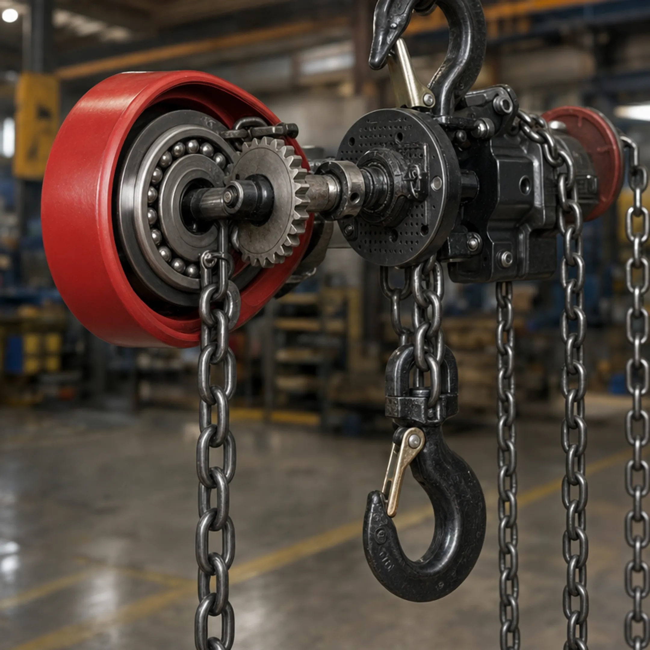 Industrial chain hoist brake mechanism and load chain components close-up