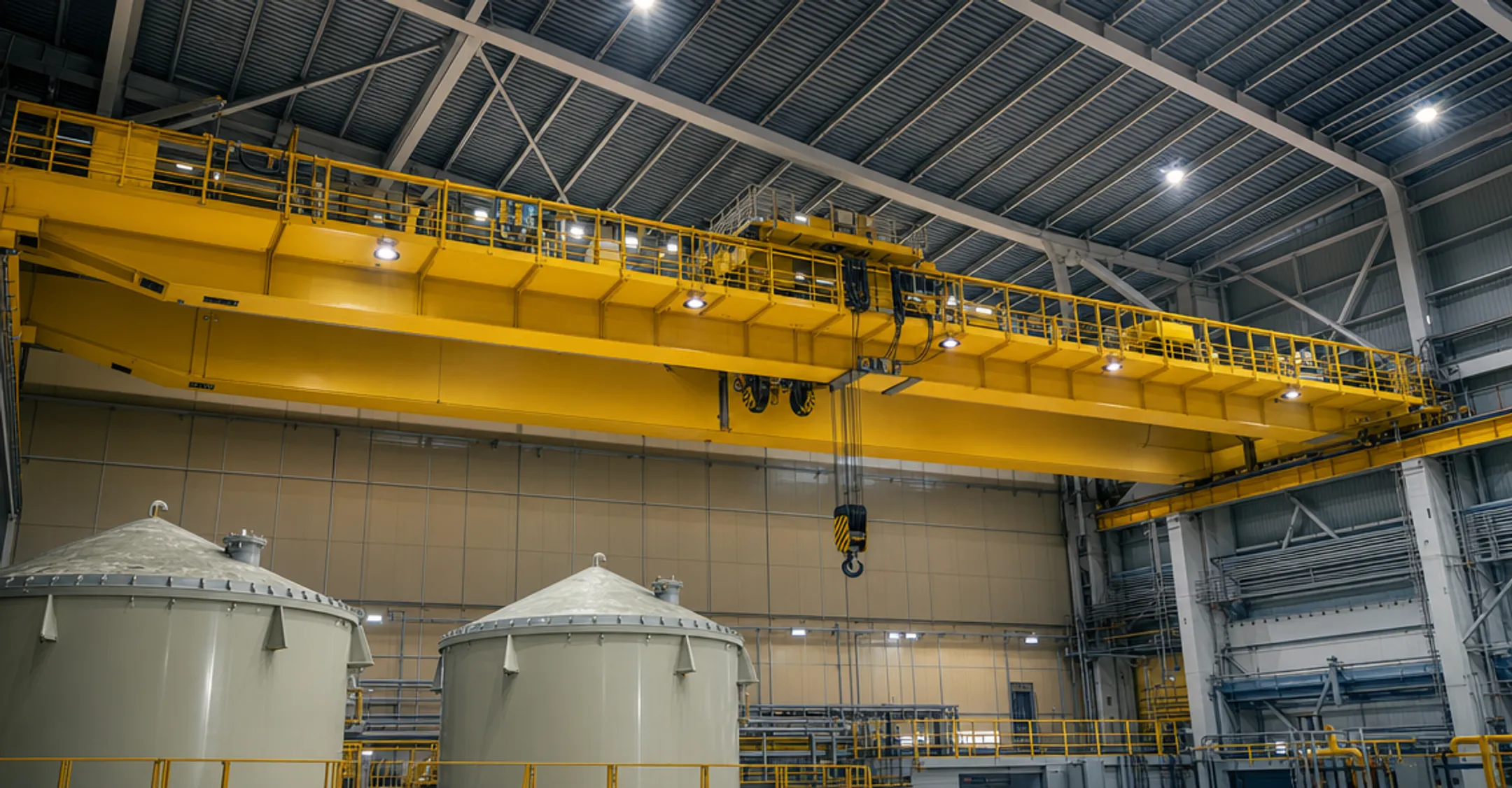Heavy-duty overhead crane operating in nuclear or industrial facility
