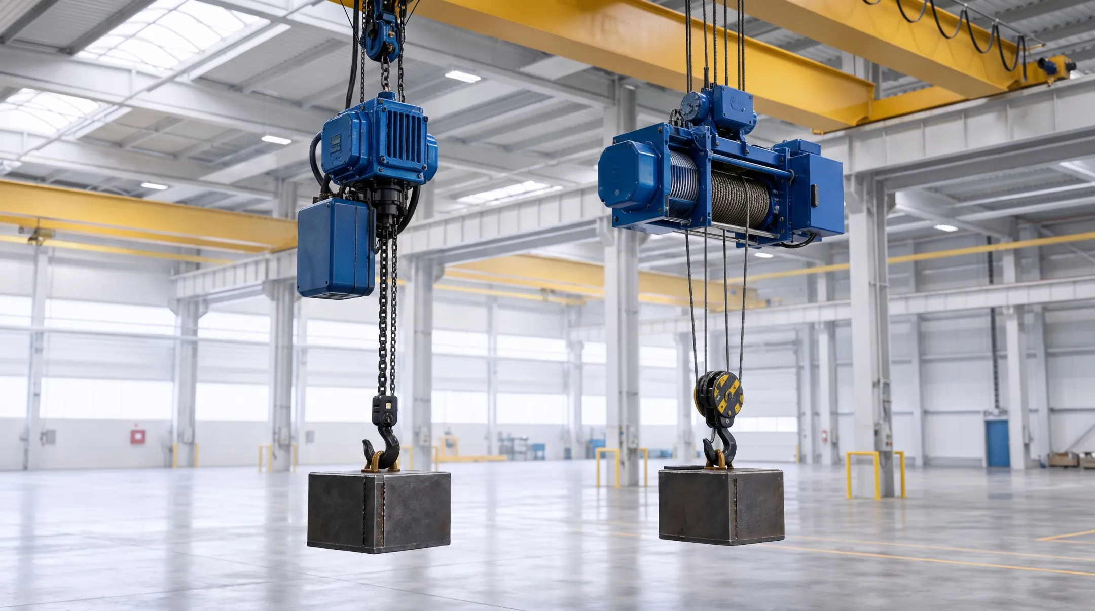 Industrial chain hoist and wire rope hoist mounted on overhead beam