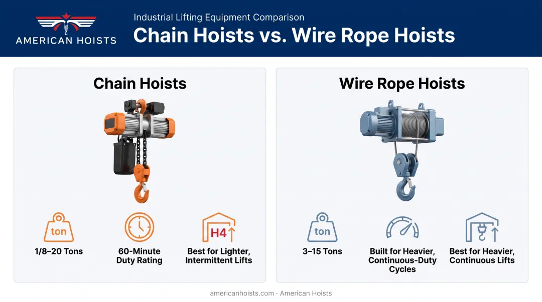 Chain hoist versus wire rope hoist capacity and duty rating comparison