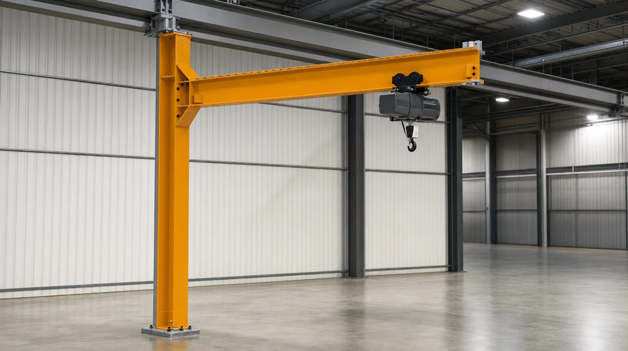 Mast type jib crane secured to overhead building structure