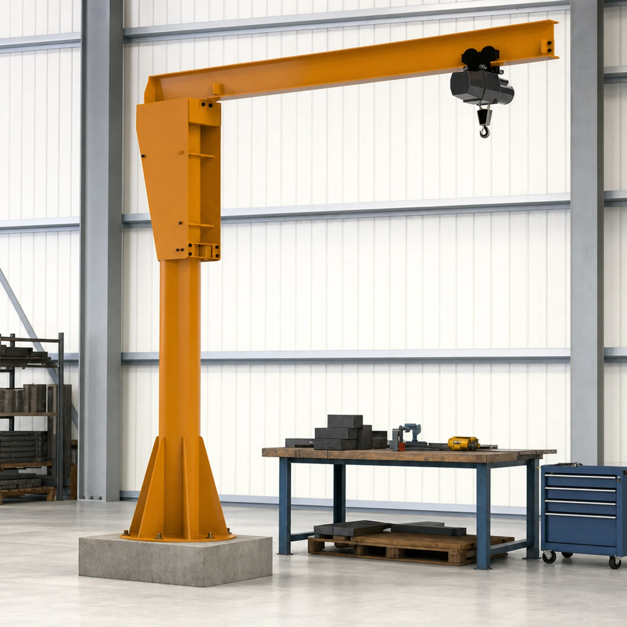 Freestanding jib crane with rotating boom on foundation base