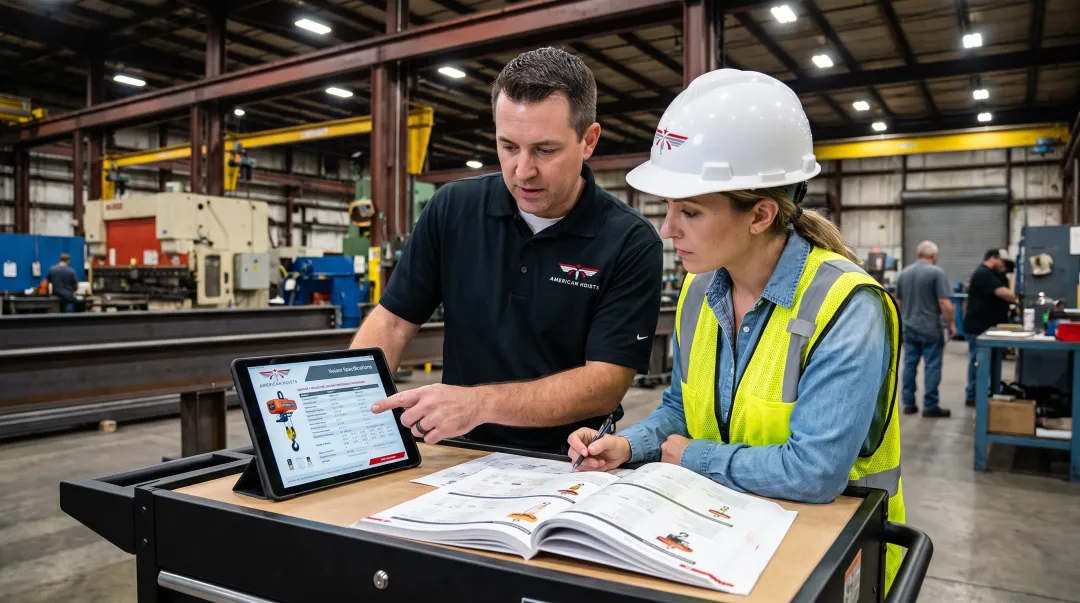 American Hoists specialist consulting with manufacturing client on hoist selection