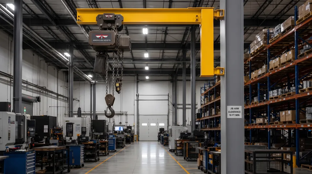 American Hoists chain hoist paired with jib crane for continuous duty
