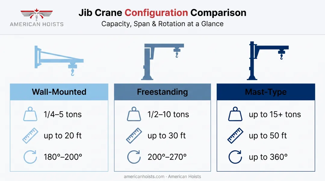 Jib crane capacity span and rotation ranges by mount type comparison