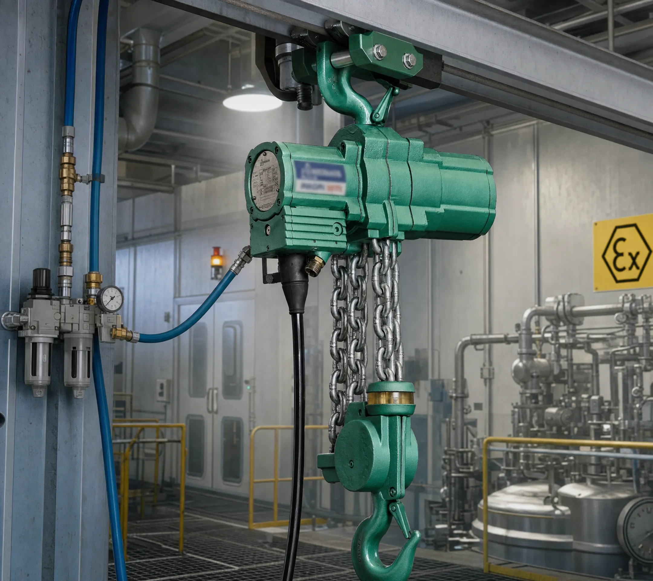 pneumatic hoist operating in hazardous industrial atmosphere setting