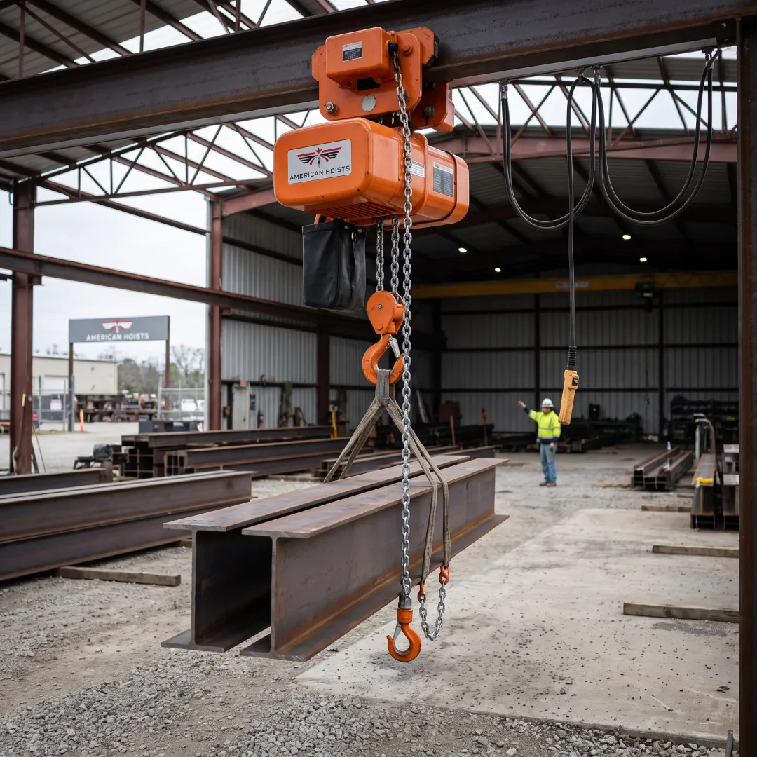 Chain hoist lifting steel beams at a fabrication facility