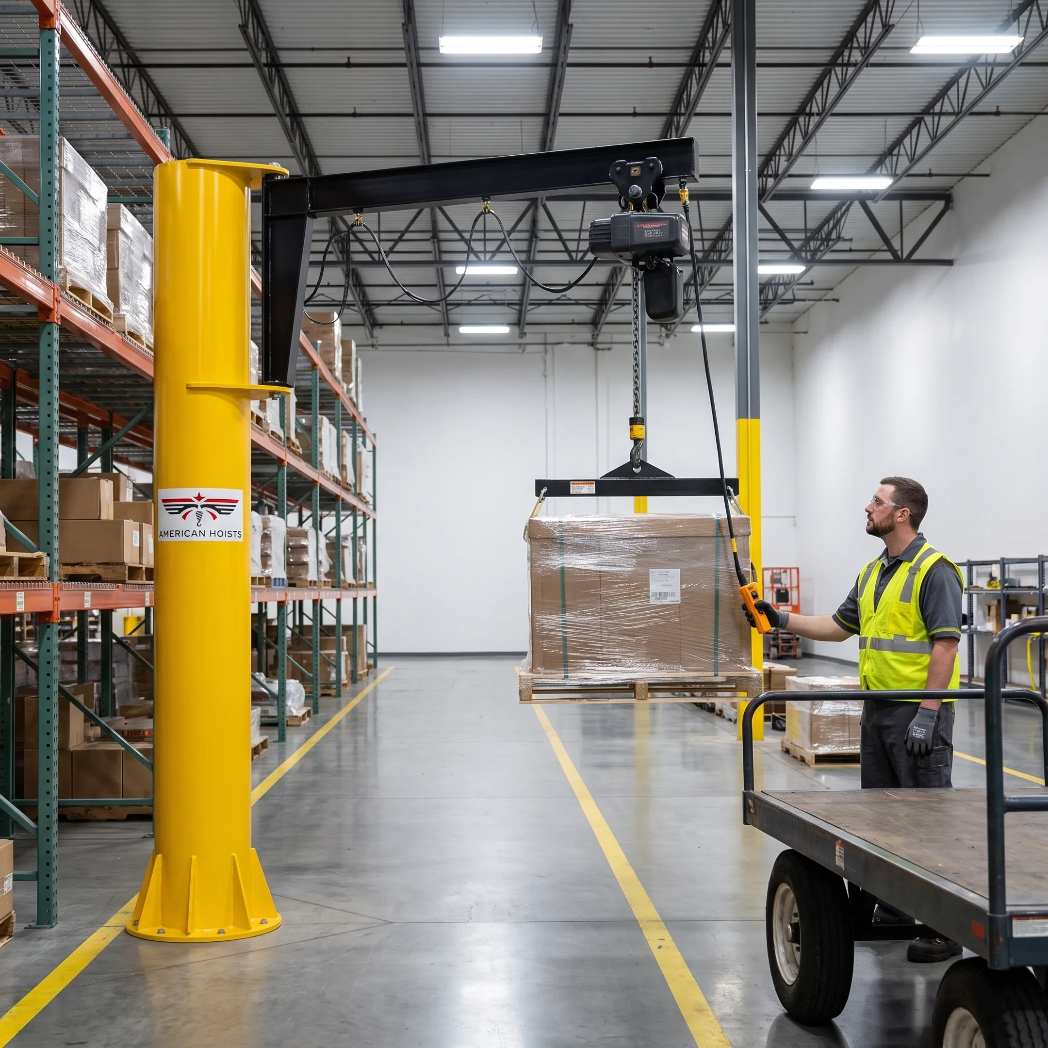 Jib crane used in a warehouse