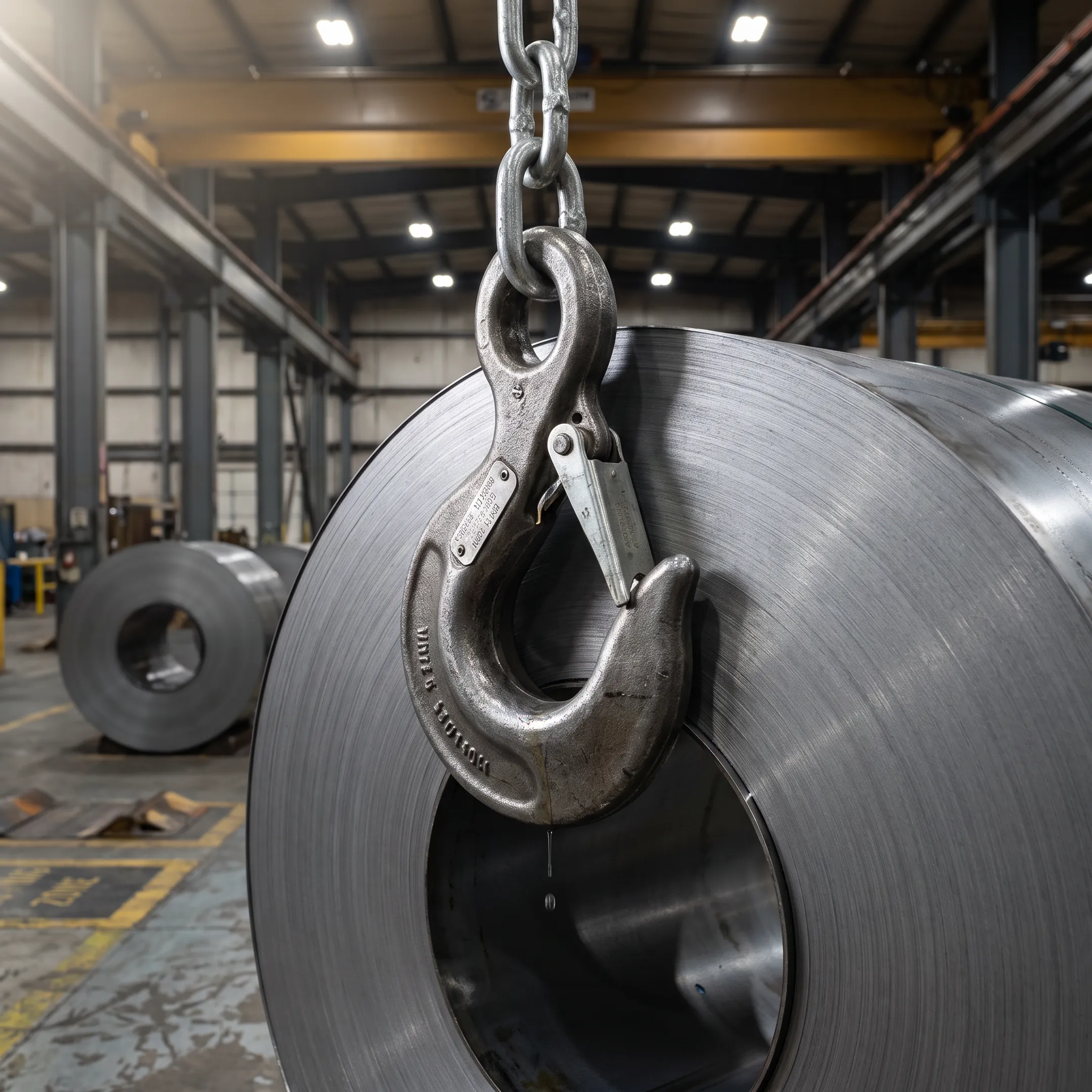 Hoist lifting a coil of steel in a steel mill