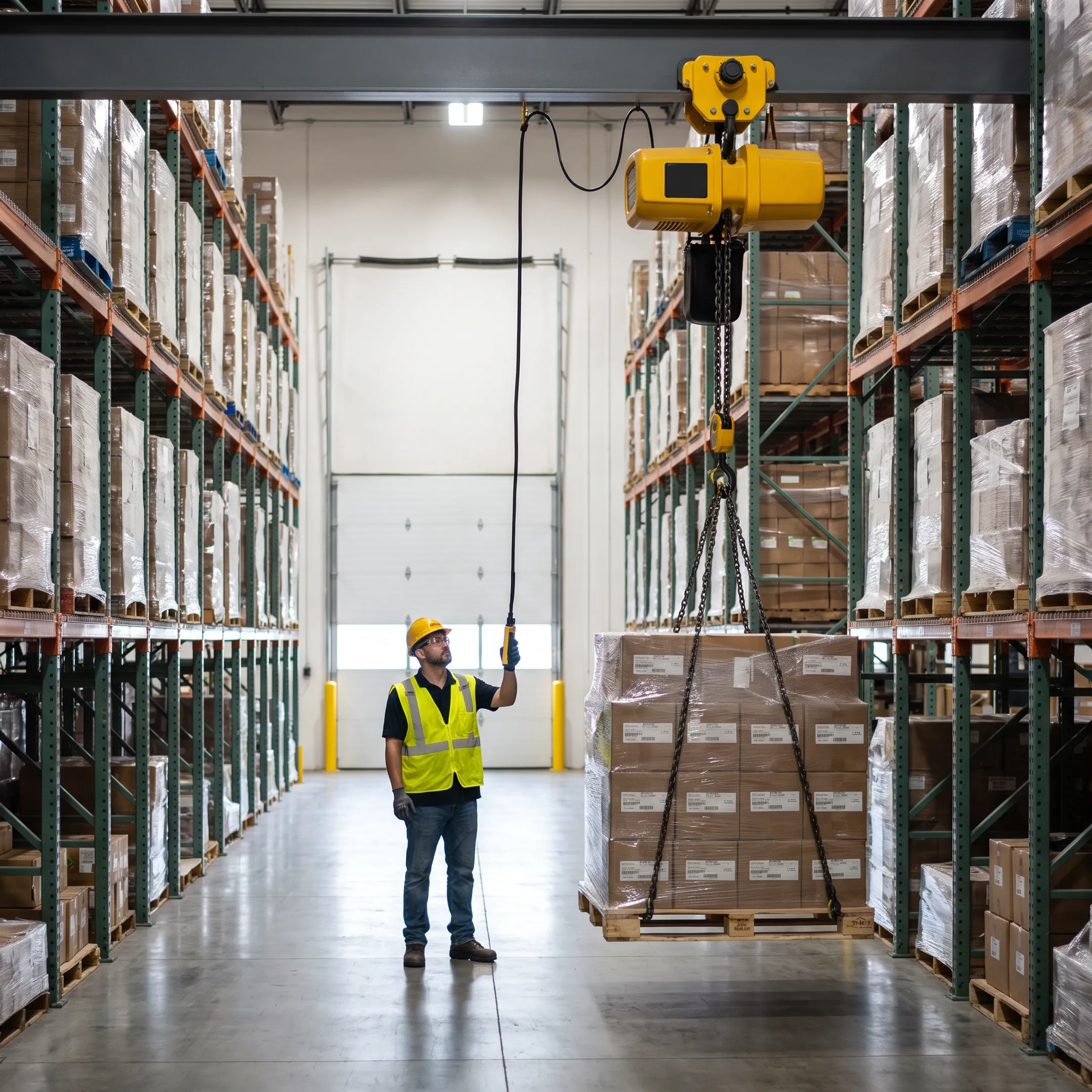 Chain hoist moving pallets in a large warehouse