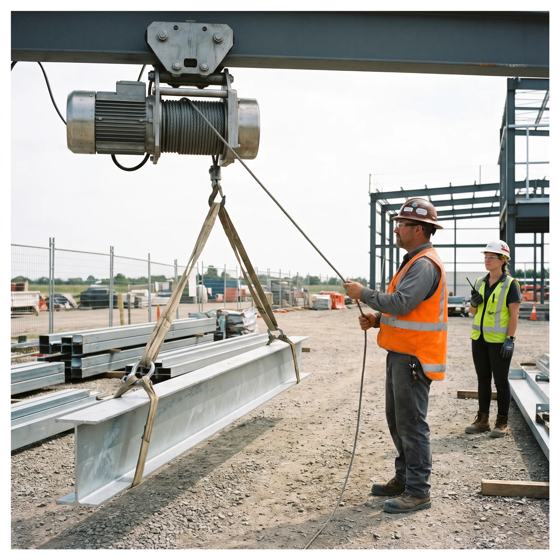Hoist used at a construction site to lift steel beams