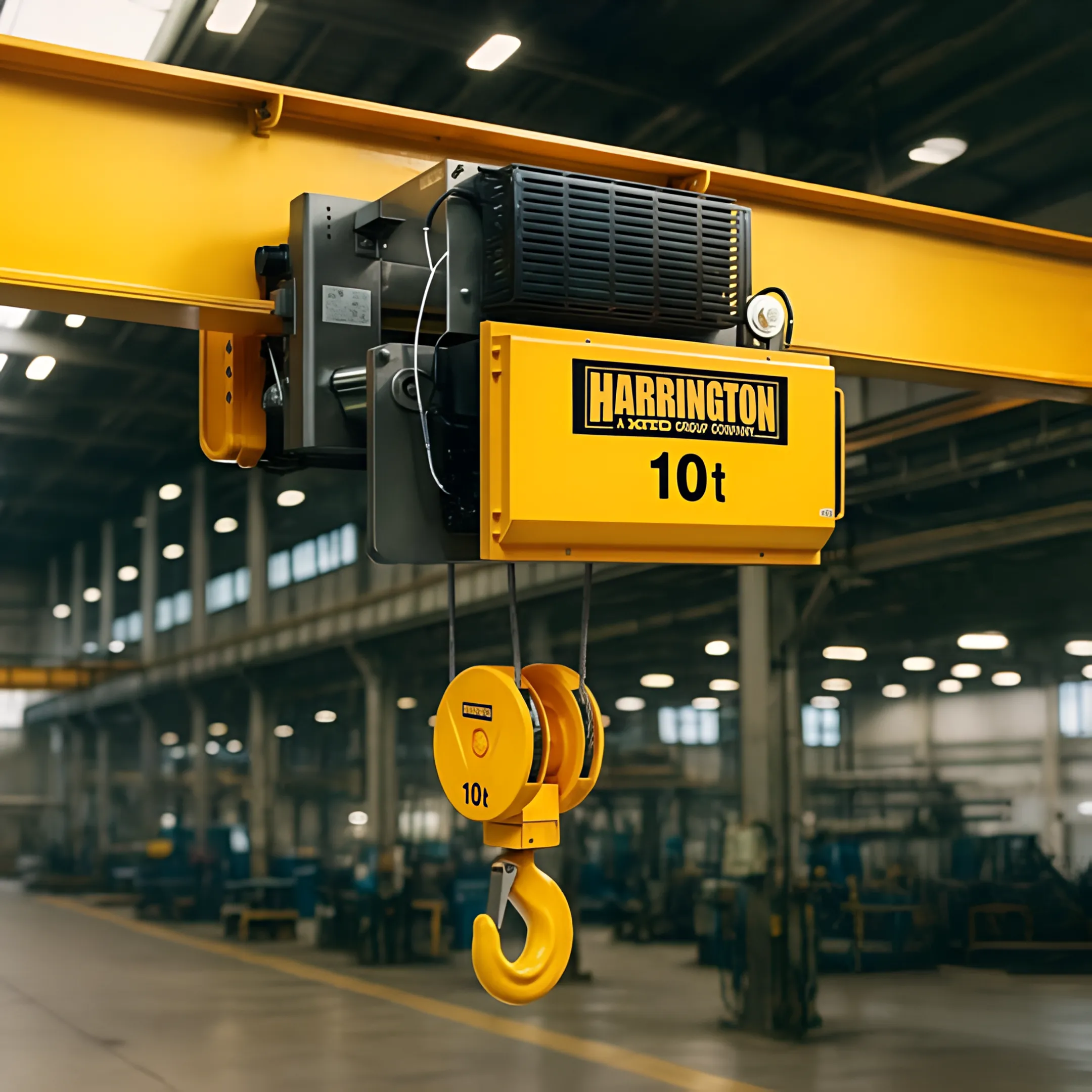 Overhead crane moving steel beams in a fabrication shop