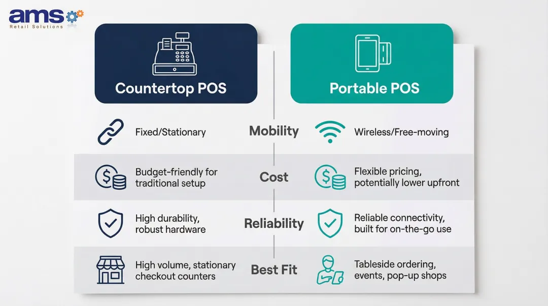 Countertop versus portable POS terminal side-by-side comparison infographic for cafes