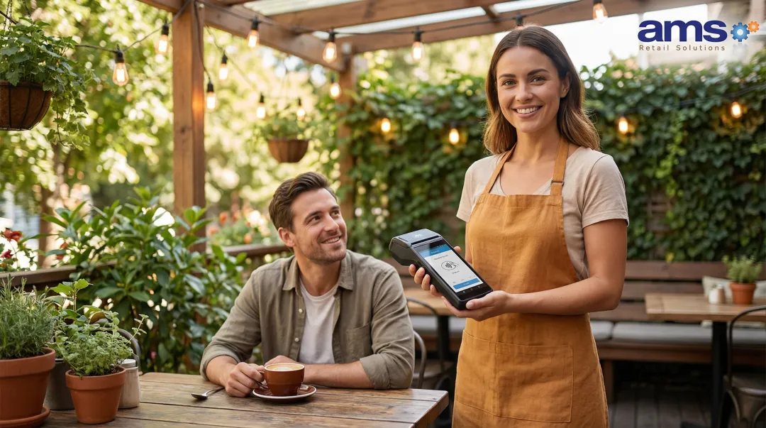 Cafe staff using handheld POS terminal for tableside payment at outdoor seating