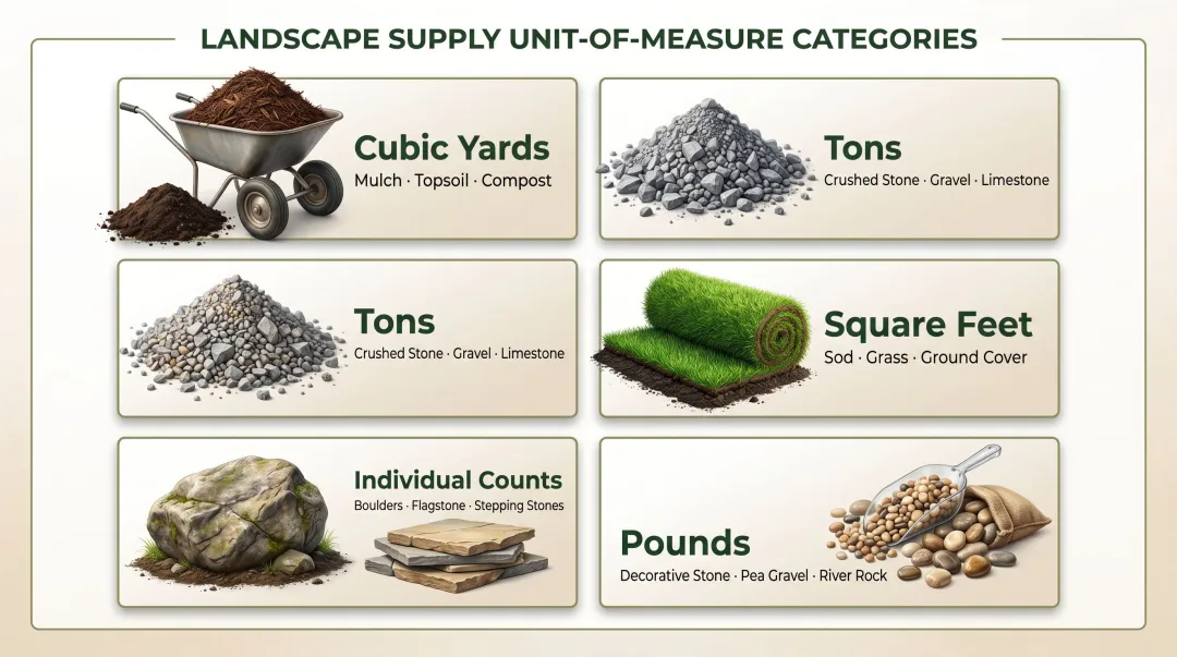 Five bulk landscape material unit types sold at supply yards infographic